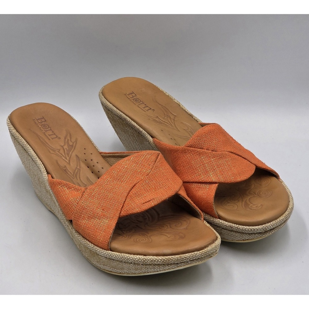 Born Womens W21071 Orange Fabric Crisscross Wedge Sandals Size 9.5/40.5